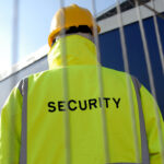 Security guard behind metal fence.